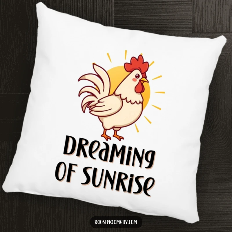 Soft pillow featuring a funny Kawaii rooster crowing at a sunrise, bringing cheerful vibes.