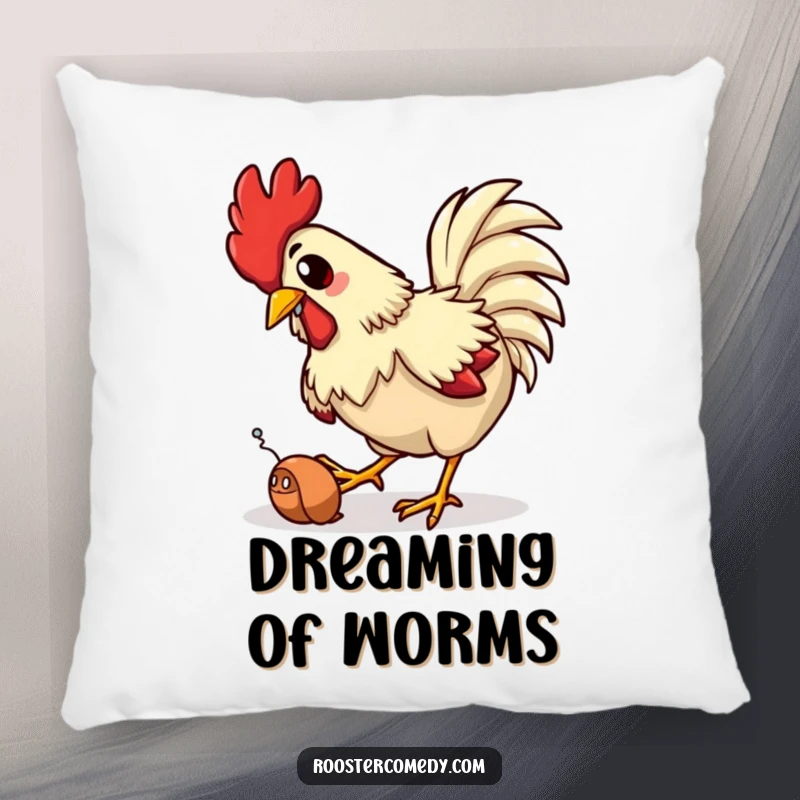 Funny pillow with a rooster comically tripping while chasing a worm, offering soft comfort and a humorous farmyard scene.