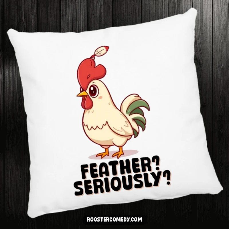 Funny Rooster Pillow showing a bird looking up in comical surprise at a feather, perfect for cozy humor.