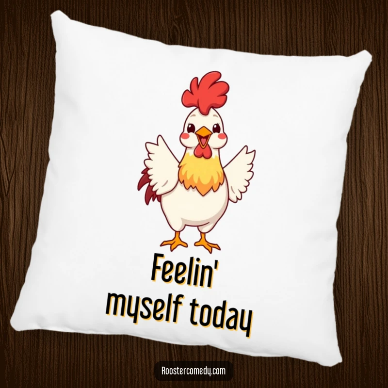 Funny pillow with a rooster enthusiastically fanning its tail feathers with a big grin, offering soft comfort and a display of proud humor.