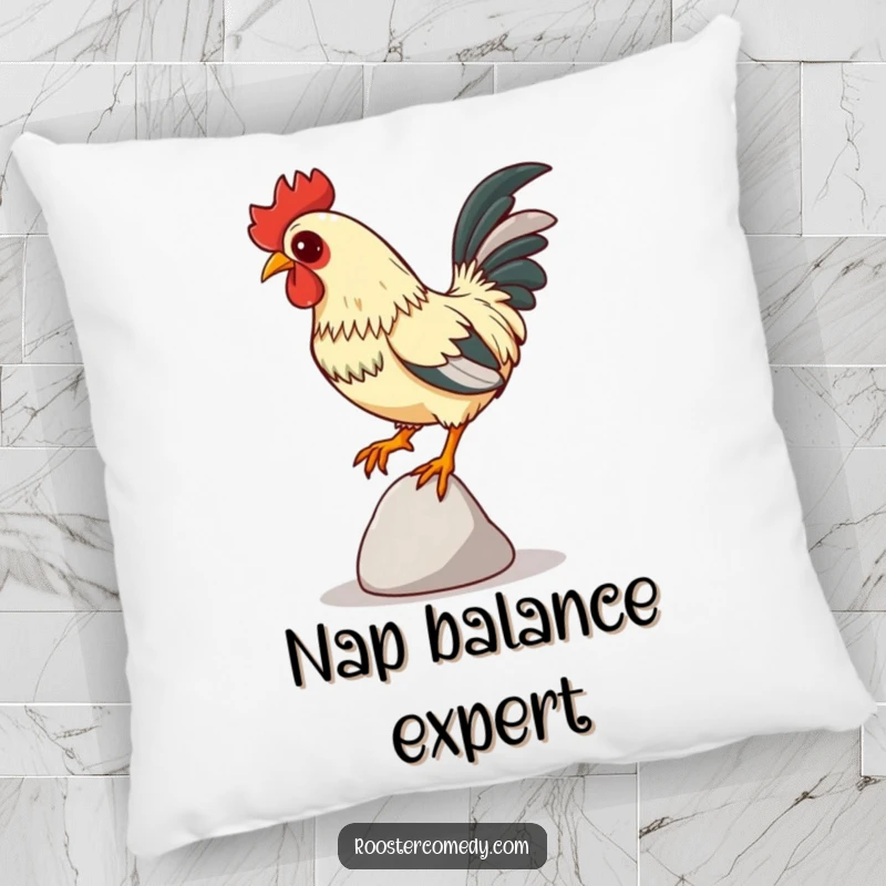 Funny Focused Rooster Pillow, cushion with a rooster balancing on a pebble, intense focus, humorous and funny bird decor.
