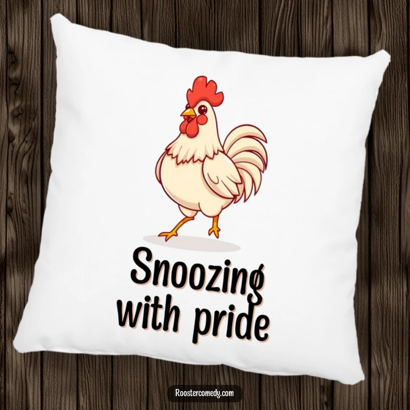 Soft pillow featuring a funny Kawaii rooster strutting confidently with a puffed chest, bringing bold vibes.
