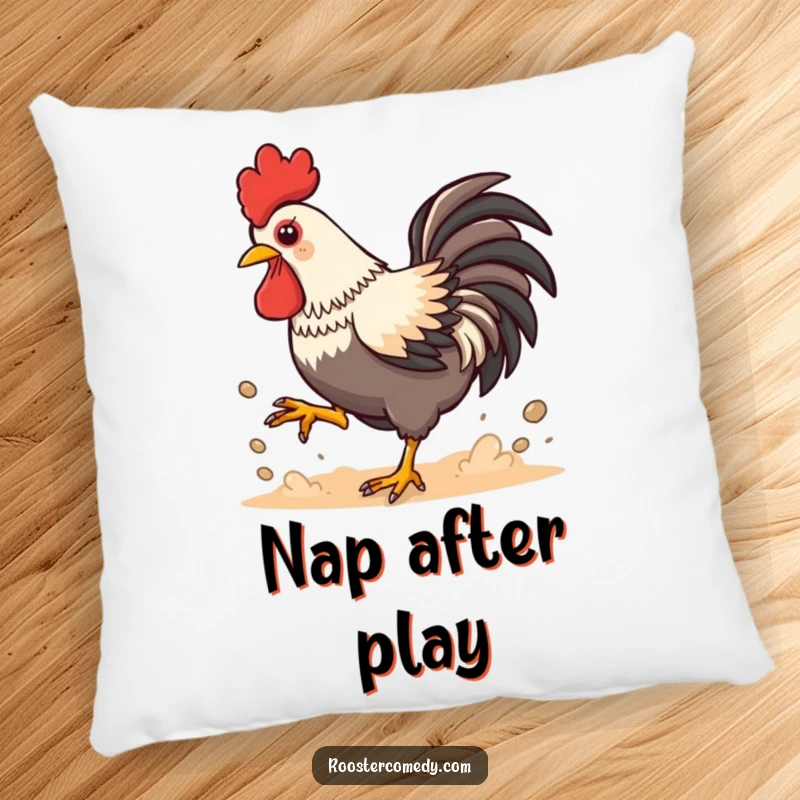 Funny Kawaii Rooster Dust Pillow: Playful chicken kicking up dust energetically, soft and cozy decorative pillow, bringing fun vibes.