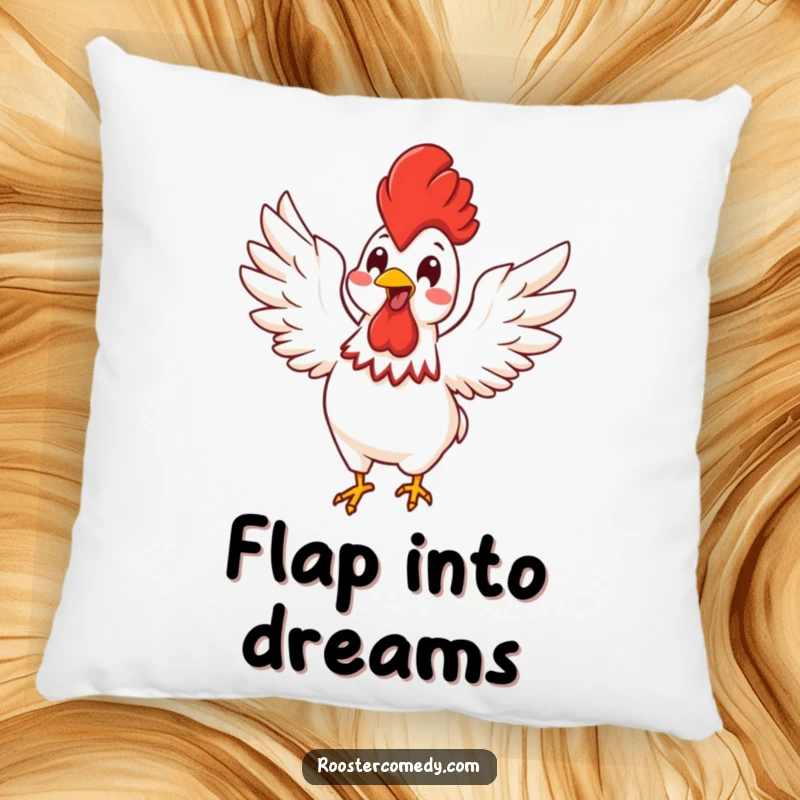Soft pillow featuring a funny Kawaii rooster flapping its wings with energetic glee, bringing vibrant vibes.