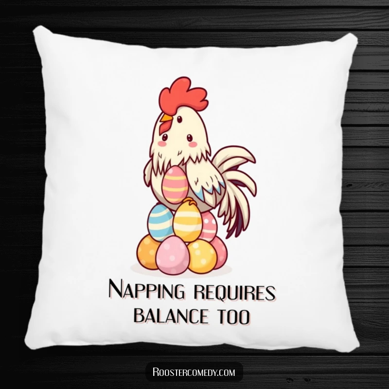Funny Kawaii Rooster Pillow featuring a cute rooster balancing a tall stack of brightly colored eggs, perfect for cozy humor.