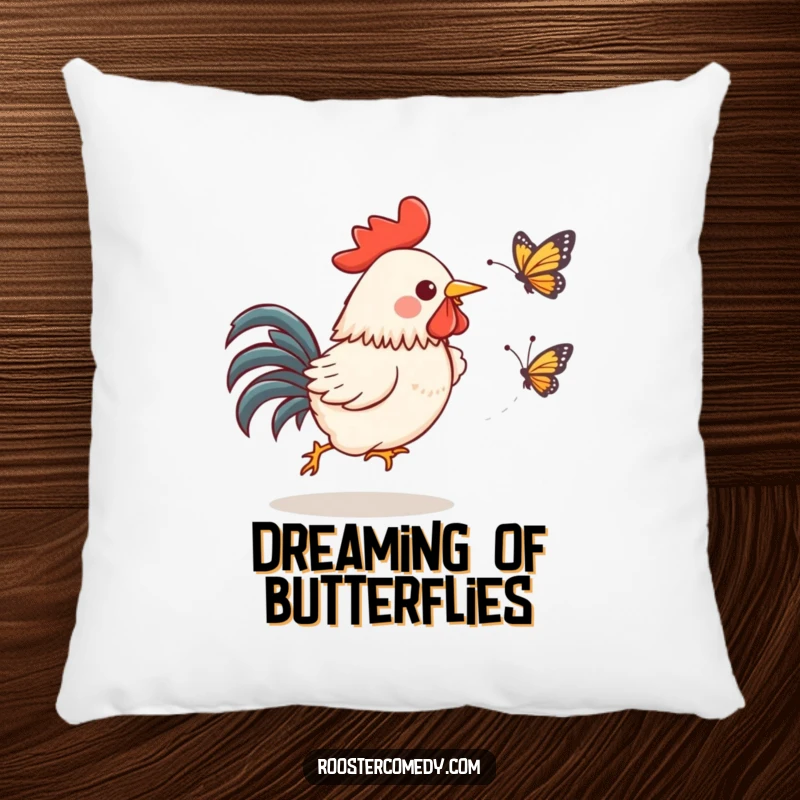 Funny Kawaii Rooster Pillow: A gleeful rooster hilariously chases a startled butterfly, wonderfully cozy funny gift.