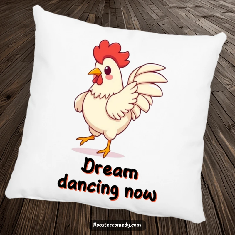 Funny Kawaii Rooster Pillow: A soft cushion featuring a cute rooster dancing with wings flailing joyfully. A lovely funny gift.
