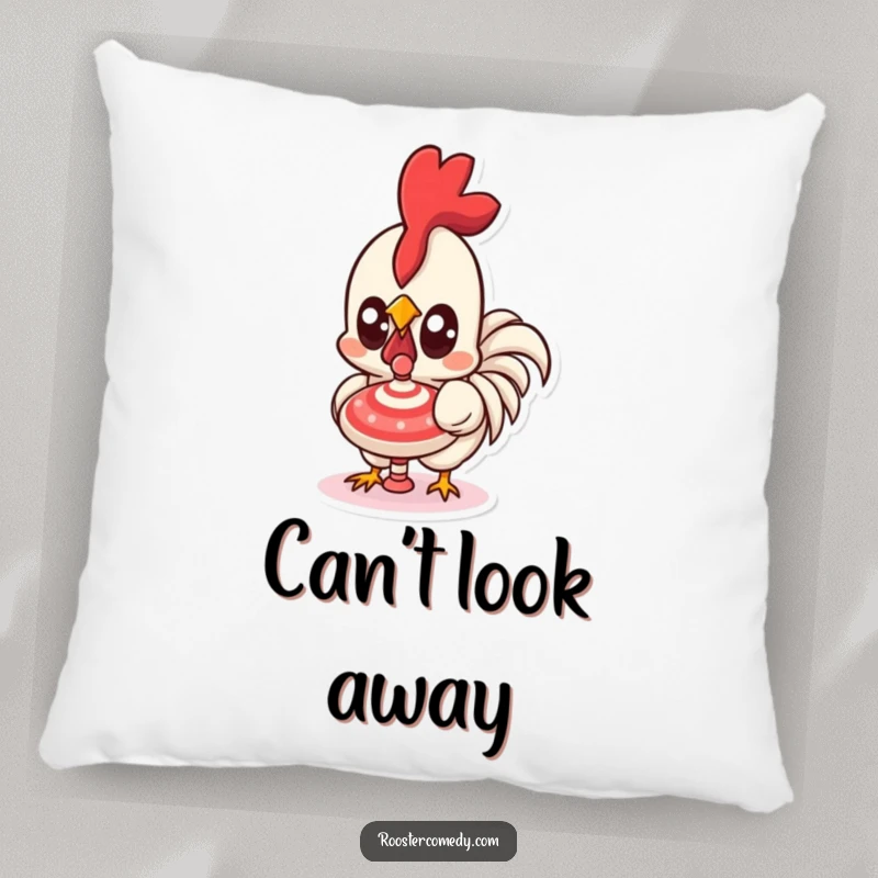 Funny Kawaii Rooster Pillow: A soft cushion featuring a cute rooster with huge eyes, intently watching a spinning top. A lovely funny gift.