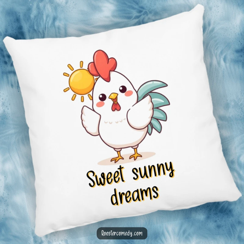 Funny Kawaii Rooster Sun Pillow: Cheerful chicken holding a bright sun in its beak, soft and cozy, bringing warmth and happiness.