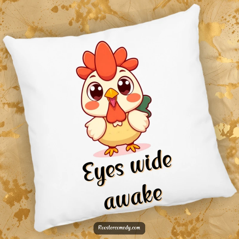 Funny Kawaii rooster pillow showing a surprised rooster with very wide, round eyes, full of astonishment.