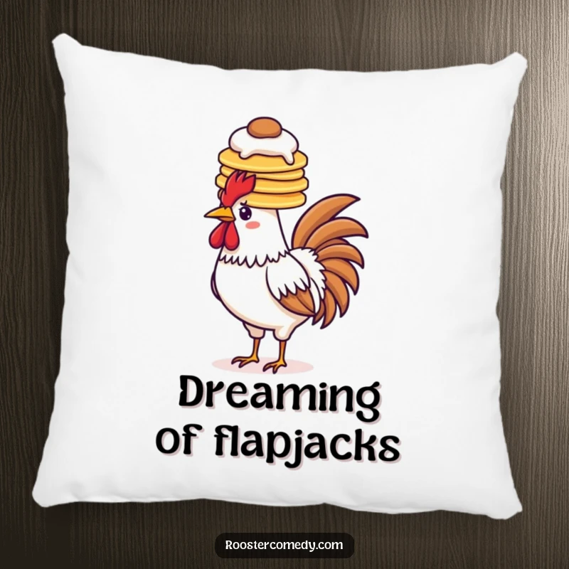 Funny pancake rooster pillow, balancing pancakes on head, breakfast comfort, home decor, foodie pillow.