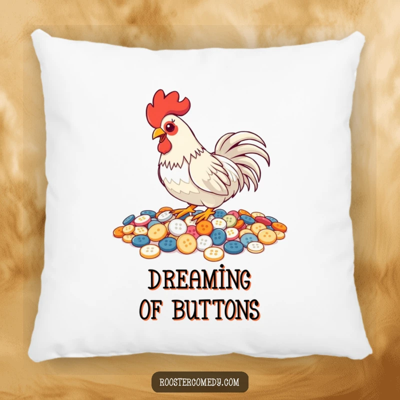 Funny Pecking Rooster Pillow, cushion with a rooster pecking buttons, shiny and humorous bird decor, perfect for relaxation.