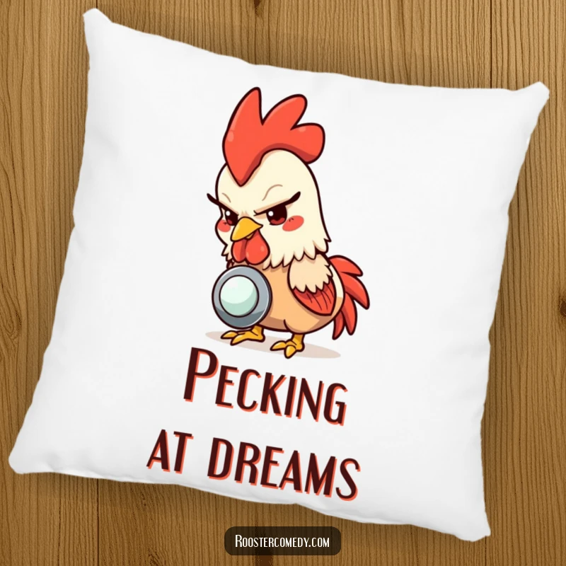 Funny rooster pillow, a mischievous rooster pecking at a shiny button, adding humorous charm to comfort.