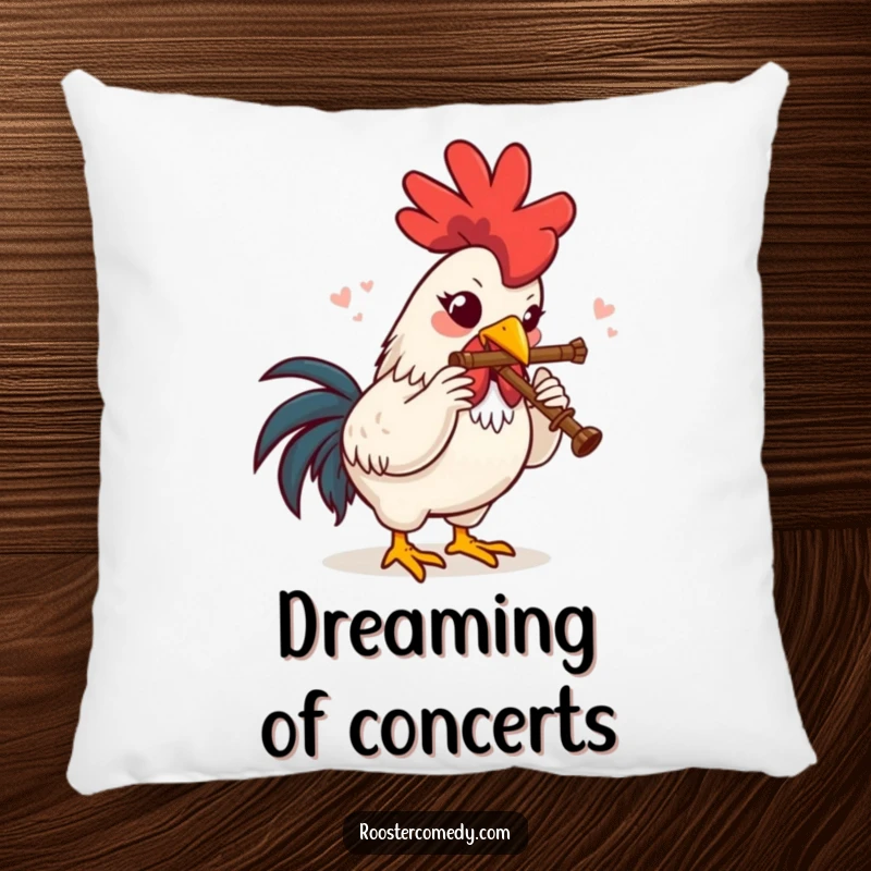 Funny Pillow featuring a rooster delightedly playing a tiny flute, offering plush comfort and musical humor.