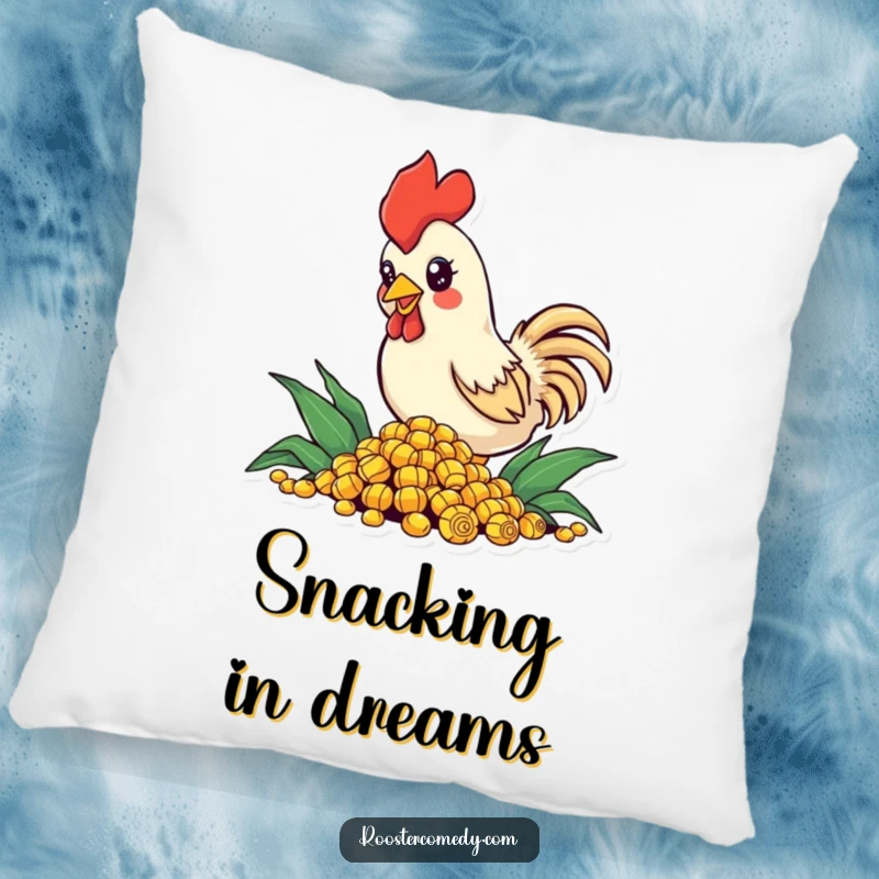 Funny Pillow featuring a small rooster with sparkling eyes, enthusiastically pecking at corn, offering comfort and a humorous farm vibe.