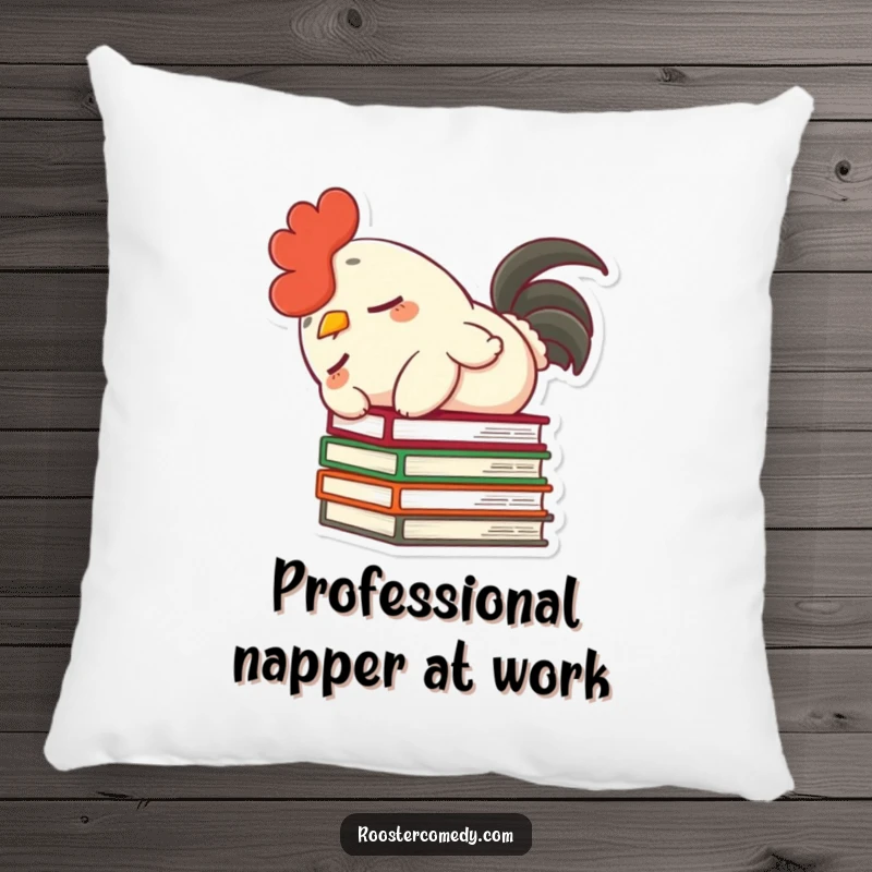 Funny pillow designed with a dozing rooster character, fluffy tail, comically toppling books, offering comfort and humor.