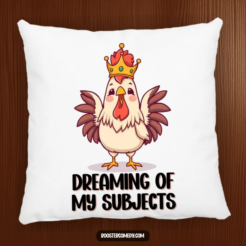 Funny Royal Rooster Crowing Pillow, cushion with a proud crowned rooster, majestic and funny bird decor, perfect for relaxation.