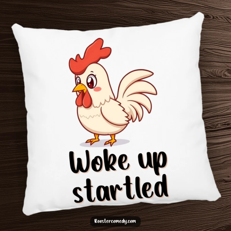 Funny surprised rooster pillow, featuring a startled chicken in mid-squawk, soft and humorous home decor.