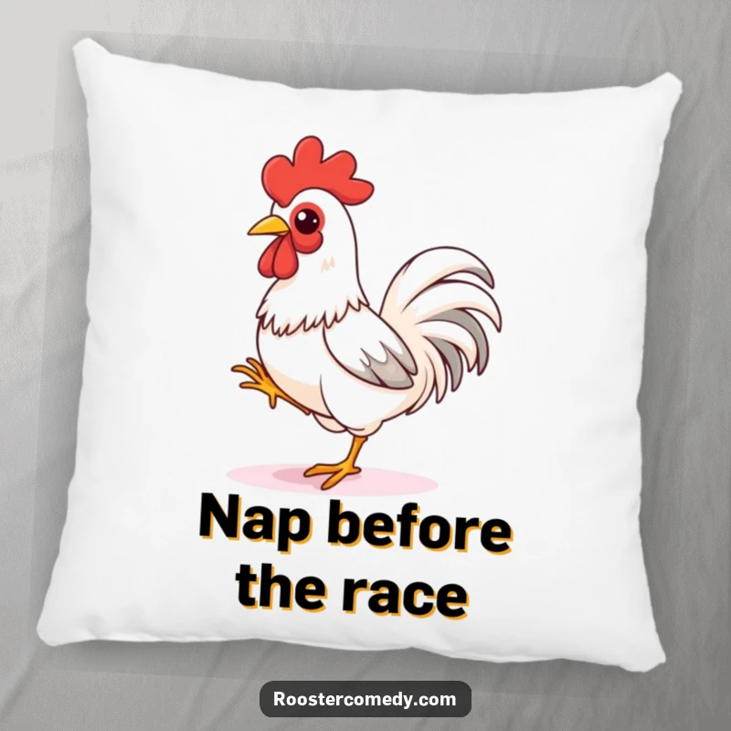 Funny rooster pillow, a plush cushion featuring a bird tapping its foot, captured in a 'ready to sprint' pose, full of character.