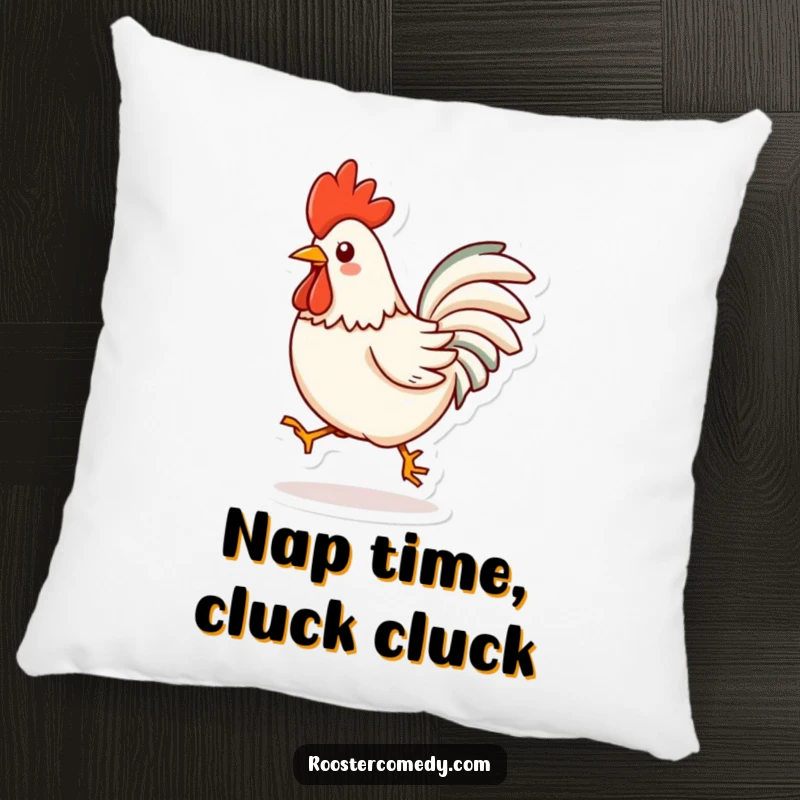 Funny Kawaii Rooster Pillow: A soft cushion featuring a cheerful cartoon rooster doing a playful hop, adding charm. A great funny gift.