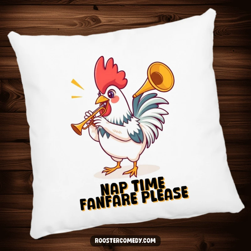 Funny rooster pillow showing a proud bird playing a tiny trumpet, adding a touch of musical humor to any room.