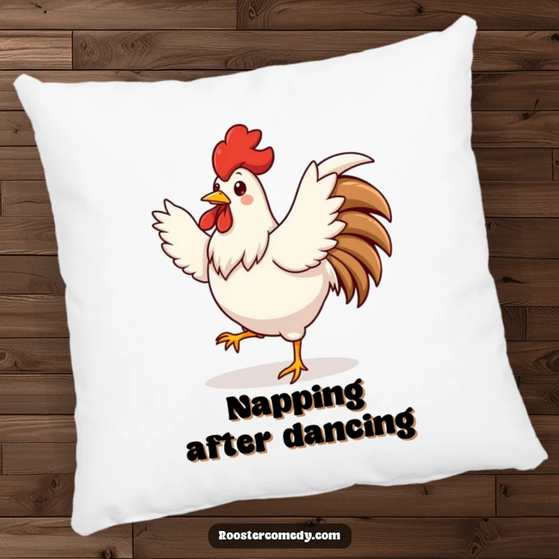Funny cute rooster pillow, dancing with wings spread, playful comfort, cute decor, perfect funny gift.