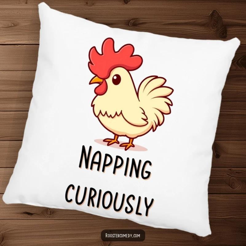 Funny Kawaii Rooster Pillow: A soft cushion featuring a cute rooster tilting its head, comb up in inquiry. A lovely funny gift.