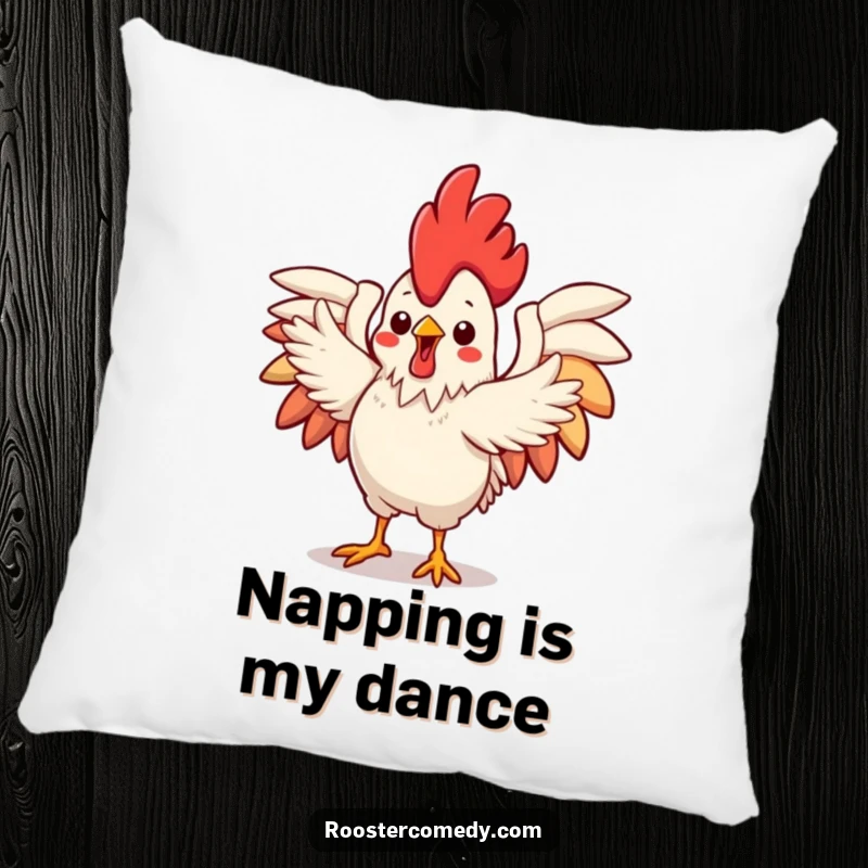 Funny Pillow featuring a cute Kawaii rooster with wings spread wide, captured mid-flamboyant dance, offering cozy and humorous appeal.