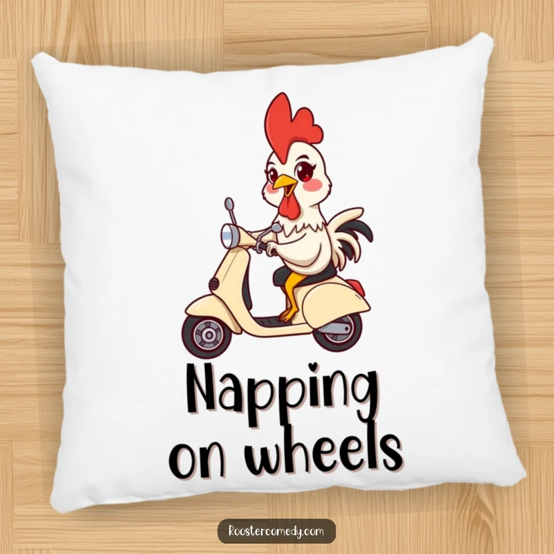 Funny pillow featuring a rooster humorously riding a scooter, perfect for adding a playful touch.