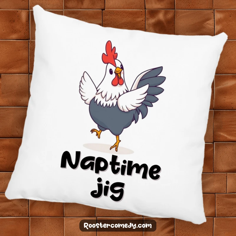Funny Rooster Pillow: A soft, decorative pillow showcasing a rooster with comically small wings in the midst of a joyful, happy jig.