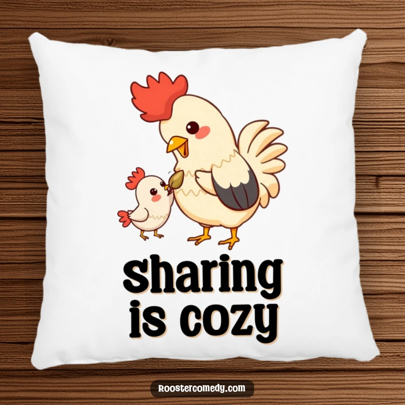 Funny Kawaii Rooster Pillow: A soft cushion featuring a rooster sharing a seed, a symbol of warmth and companionship.