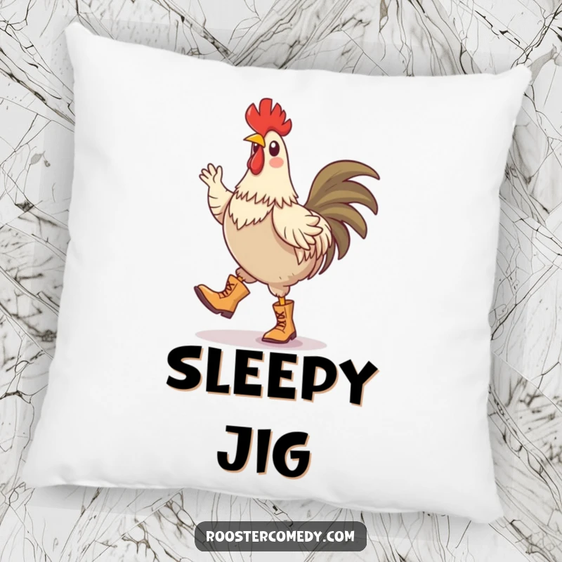 Funny pillow featuring a rooster in tiny boots enthusiastically performing a silly jig, full of cheerful energy.