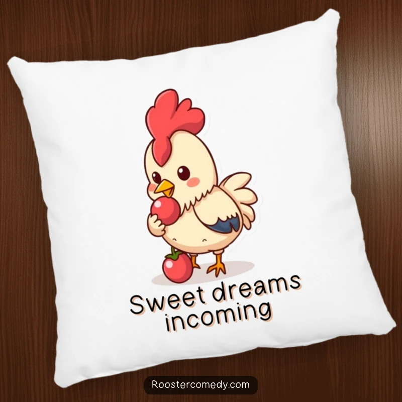 Funny Kawaii Rooster Pillow: Cute rooster pecking a shiny berry, soft and cozy funny gift.