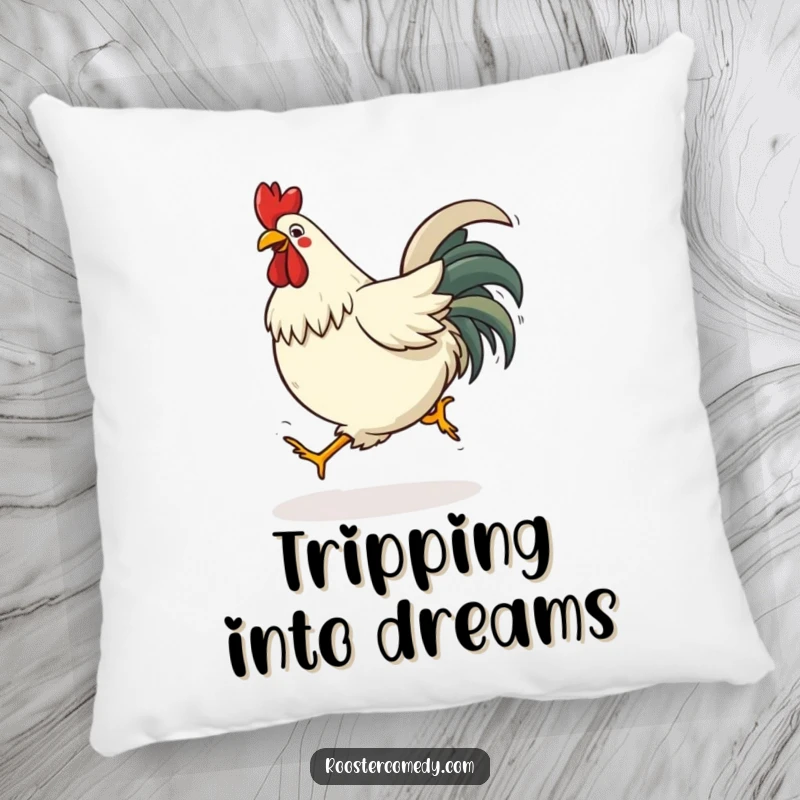 Funny tripping rooster pillow showing a bird comically stumbling, adding humorous decor to any room.