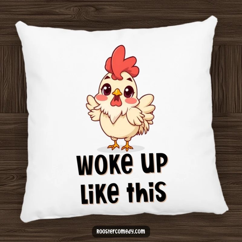 Funny Surprised Rooster Pillow, cushion with a shocked rooster, wide eyes and ruffled feathers, humorous and funny bird decor.