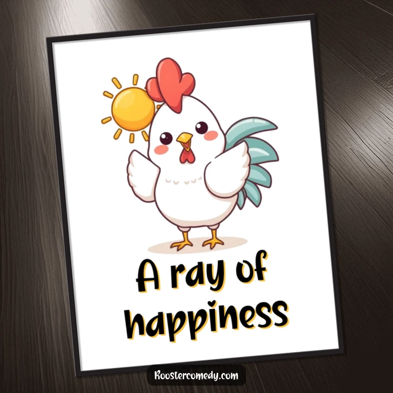 Funny Kawaii Rooster Sun Digital Art Print: Cheerful chicken holding a bright sun in its beak, high-resolution artwork for instant sunny decor.