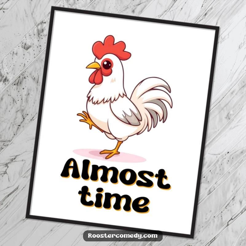 Funny rooster digital art print, a high-resolution image of a bird tapping its foot, ready to sprint, full of vibrant energy.