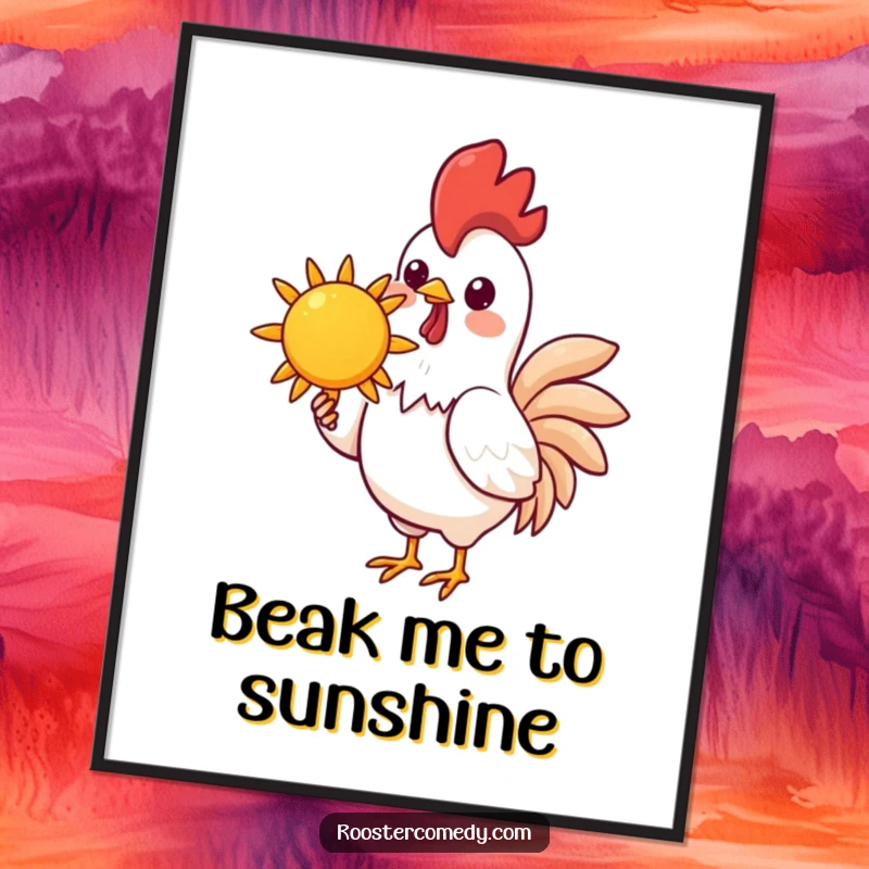 Funny Kawaii Rooster Sun Digital Art Print: A kawaii rooster holds a cheerful sun, offering funny, sunny vibes for instant decor.