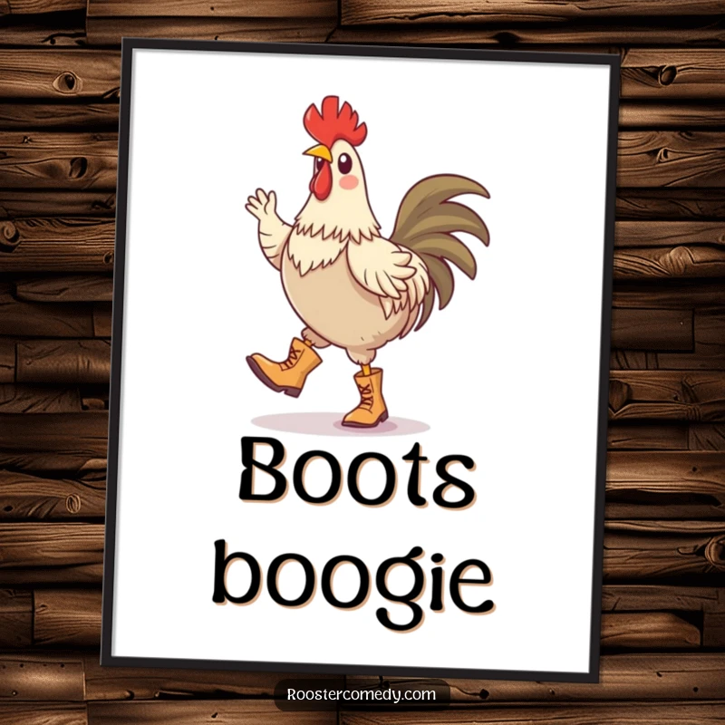 Funny digital art print of a rooster wearing tiny boots and performing a silly jig, full of playful and humorous motion.
