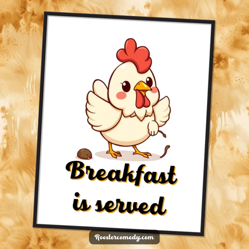 Funny Kawaii rooster digital art print of a cheerful rooster chasing a worm, perfect for decor.