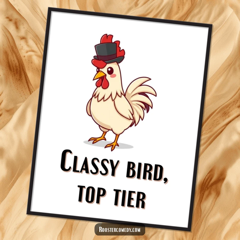 Funny rooster digital art print, showing a rooster confidently strutting with a tiny, distinguished top hat, exuding quirky elegance.