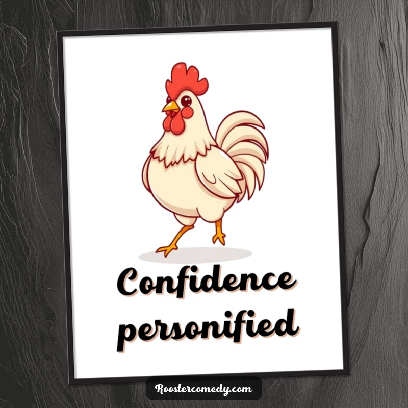 Funny Kawaii rooster strutting confidently with puffed chest, as a digital art print.