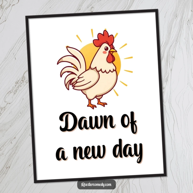 Funny Kawaii rooster proudly crowing at a vibrant rising sun, as a digital art print.