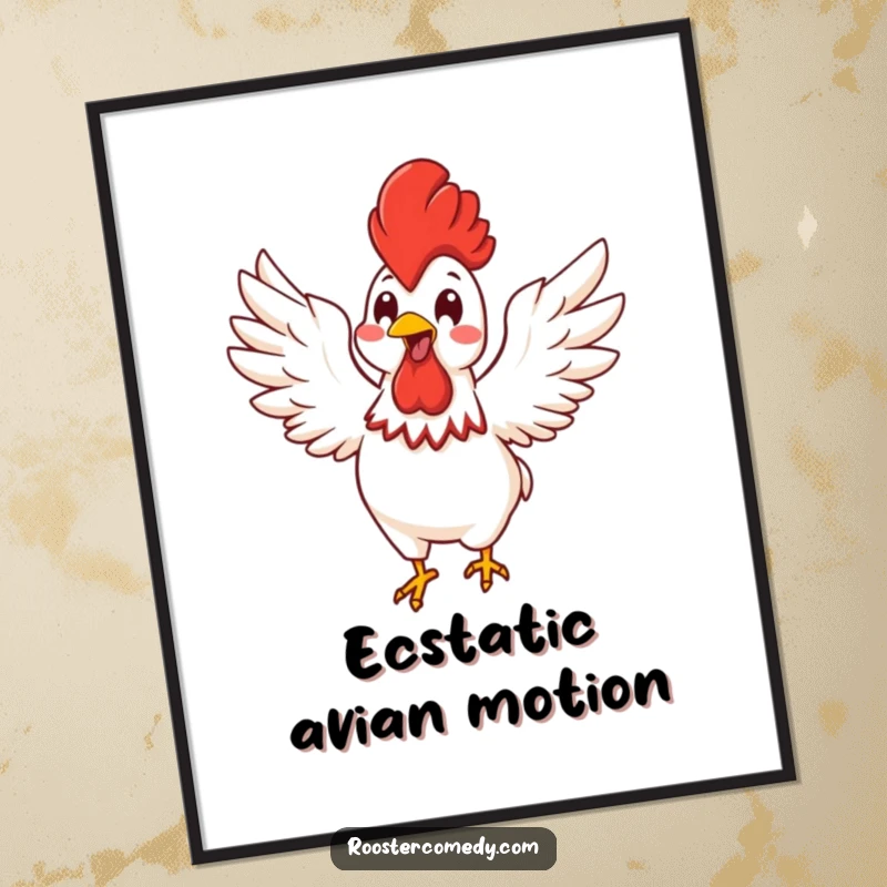 Funny Kawaii rooster energetically flapping its wings with glee, as a digital art print.