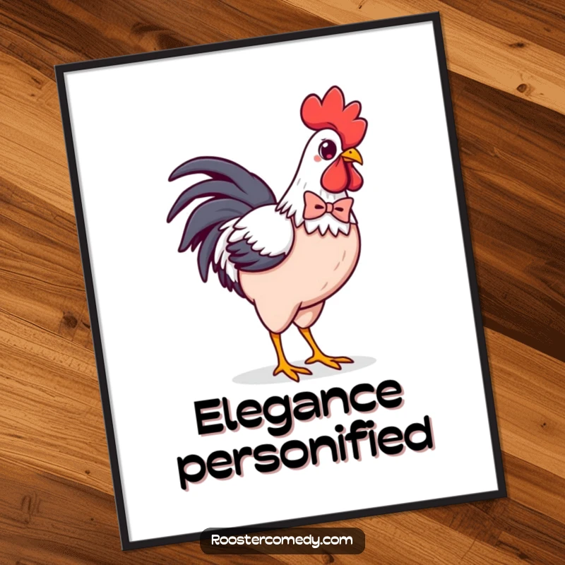 Funny Kawaii Rooster Bowtie Digital Art Print: Confident chicken strutting with a tiny bowtie, elegant and humorous artwork for instant stylish decor.