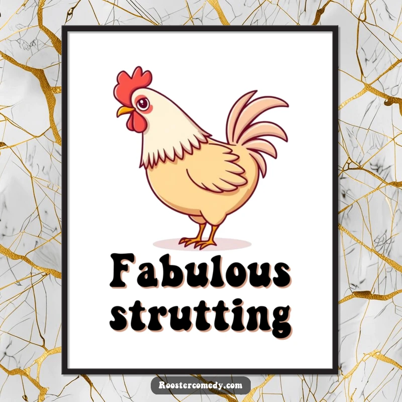 Funny Kawaii rooster digital art print of a cute rooster playfully wagging its tail feathers.