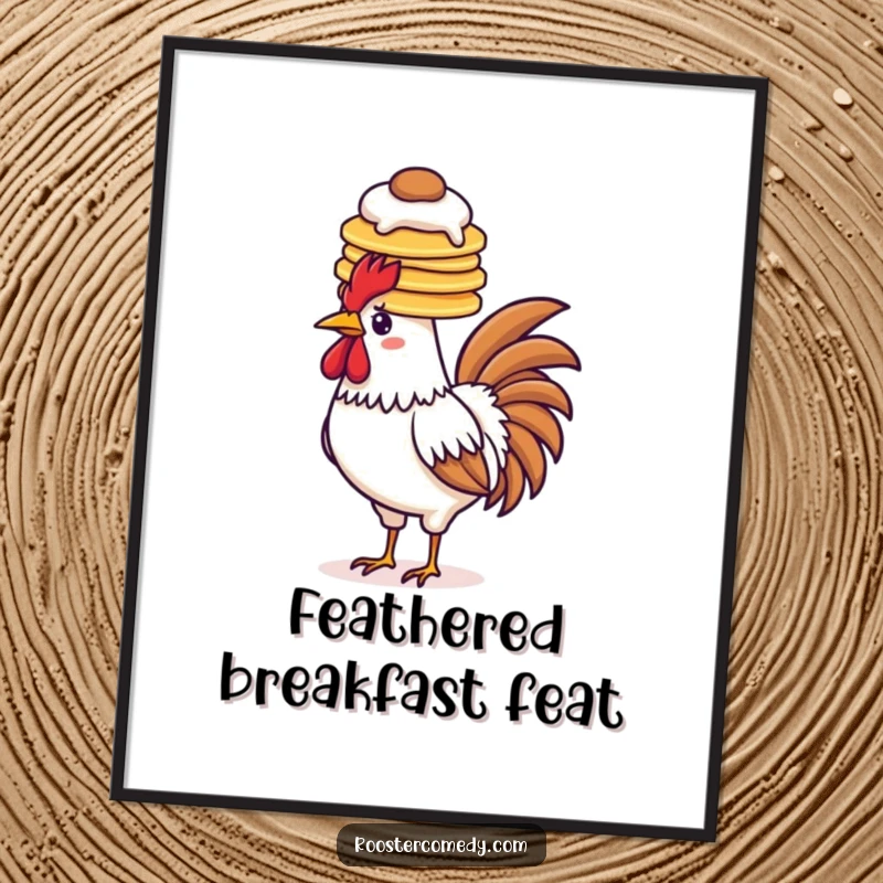 Funny pancake rooster digital art print, balancing pancakes on head, breakfast art, instant download, foodie decor.