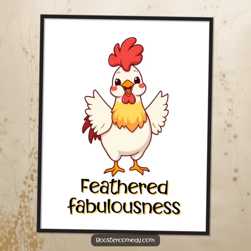 Funny digital art print of a rooster enthusiastically fanning its tail feathers with a big grin, perfect for proud and confident decor.