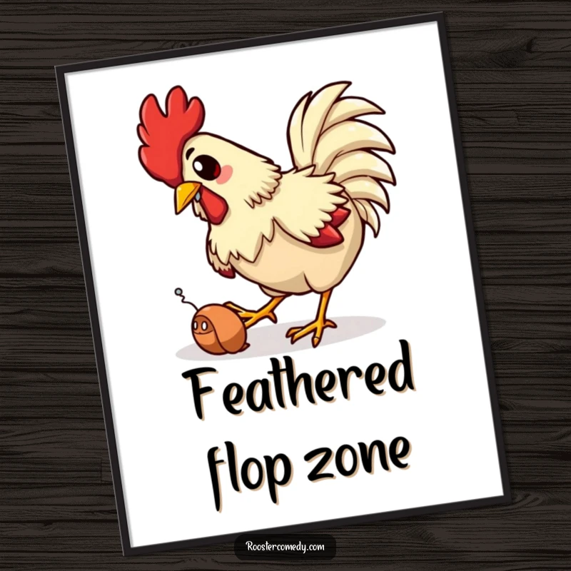 Funny digital art print of a rooster comically tripping while attempting to catch a worm, perfect for humorous and quirky decor.