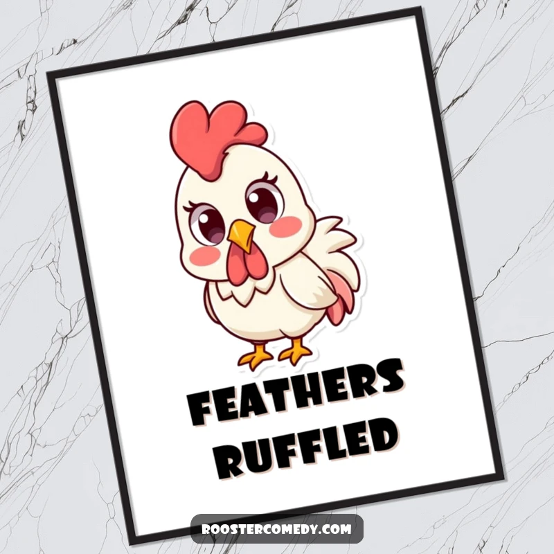 Funny Kawaii rooster with wide, surprised eyes, as a digital art print.